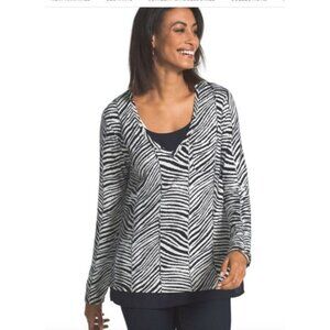Chicos 2 V-Neck Zebra Two-In-One Top shirt black silver foiled knit size large